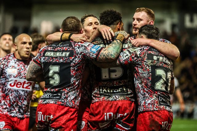 Jacob Alick-Wiencke of Leigh Leopards celebrates his try during the Betfred Super League round 8 match York Knights vs Leigh Leopards at LNER Community Stadium, York, United Kingdom on 17 April 2026

(Photo by Alfie Cosgrove/News Images)