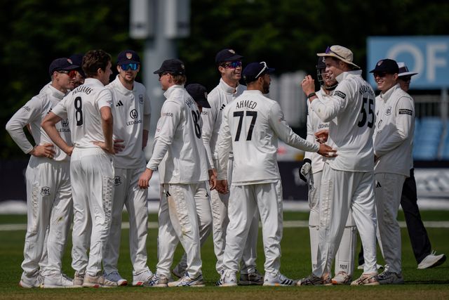 Ed Middleton celebrates taking the wicket of Wayne Madsen off the bowling of Will Williams with his teammates during the County Championship Division Two Derbyshire v Gloucestershire at The Central Co-Op County Ground, Derby, United Kingdom on 26 April 2026

(Photo by Maynard Manyowa/News Images)