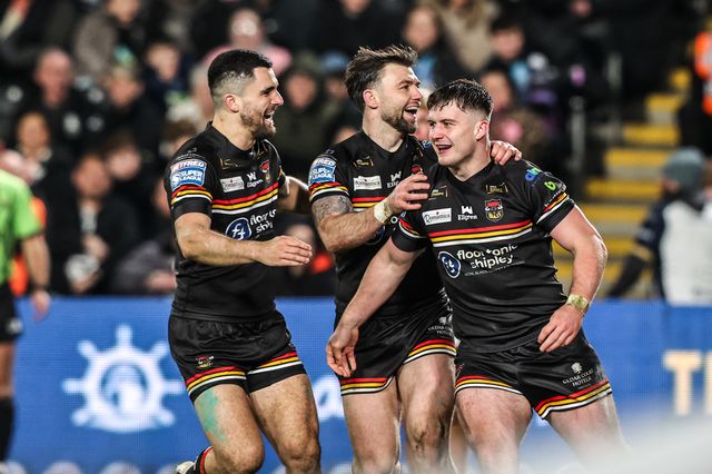 Connor Wynne of Bradford Bulls celebrates his try during the Betfred Super League round 1 match Hull FC vs Bradford Bulls at MKM Stadium, Hull, United Kingdom on 14 February 2026

(Photo by Alfie Cosgrove/News Images)