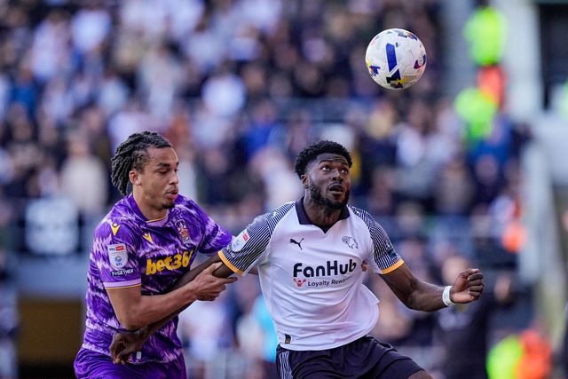 Patrick Agyemang of Derby County battles for the ball  with Ashley Phillips of Stoke City during the Sky Bet Championship match Derby County vs Stoke City at Pride Park Stadium, Derby, United Kingdom on 06 April 2026

(Photo by Maynard Manyowa/News Images)