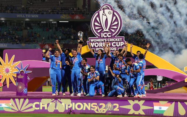 India women's team won the final celebrating with Trophy during the ICC Women's ODI Cricket World Cup Final 2025 session India Women vs South Africa Women at Dr. D.Y. Patil Sports Academy, Navi Mumbai, India, 2nd November 2025

(Photo by Shubhajit Roy Karmakar/News Images)