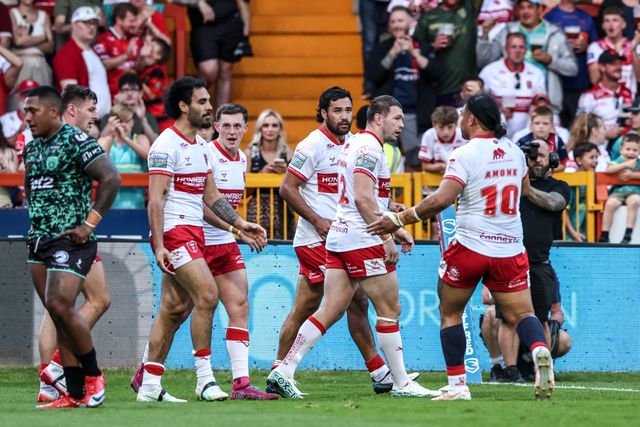 Peta Hiku of Hull KR celebrates his try during the Betfred Super League round 15 match Hull KR vs Leigh Leopards at Sewell Group Craven Park, Hull, United Kingdom on 19 June 2026

(Photo by Alfie Cosgrove/News Images)