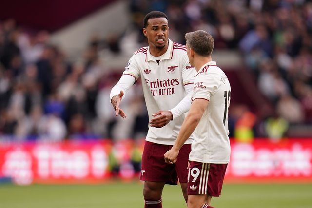 Gabriel of Arsenal and Leandro Trossard of Arsenal during the Premier League match West Ham United vs Arsenal at London Stadium, London, United Kingdom on 10 May 2026

(Photo by Harvey Murphy/News Images)