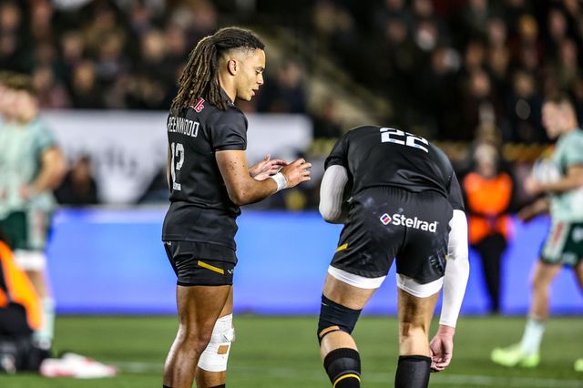 Nathan Greenwood of Newcastle Red Bulls speaks to Sam Waugh of Newcastle Red Bulls during the Premiership Rugby Cup match Newcastle Red Bulls vs Leicester Tigers at Kingston Park, Newcastle, United Kingdom, 31st October 2025

(Photo by Alfie Cosgrove/News Images)

*** GER AUT SUI OUT ***