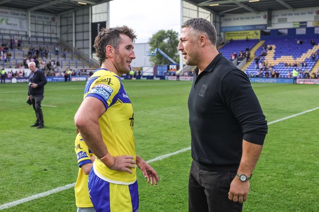Sam Burgess Head Coach of Warrington Wolves embraces Stefan Ratchford of Warrington Wolves on his last ever home game as he announces his retirement during the Betfred Super League Round 25 match Warrington Wolves vs Leigh Leopards at Halliwell Jones Stadium, Warrington, United Kingdom, 6th September 2025

(Photo by Mark Cosgrove/News Images)