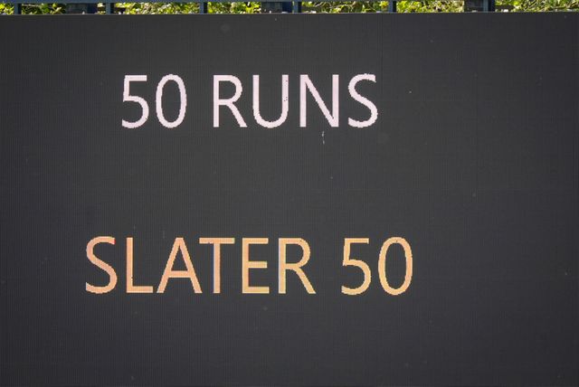 Scored board shows 50 runs for Ben Slater of Nottinghamshire who celebrates scoring his 50 and raises his bat to acknowledge the fans and team mates on reaching a half century during Leicestershire County Cricket Club vs Nottinghamshire County Cricket Club in Country Cricket Division One Day 1 at Grace Road, Leicester, United Kingdom on 01 May 2026

(Photo by Maynard Manyowa/News Images)