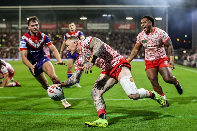 Josh Charley of Leigh Leopards goes over for a try making it 16-0 during the Betfred Super League play-off Eliminator 1 match Leigh Leopards vs Wakefield Trinity at Progress With Unity Stadium, Leigh, United Kingdom, 26th September 2025

(Photo by Alfie Cosgrove/News Images)