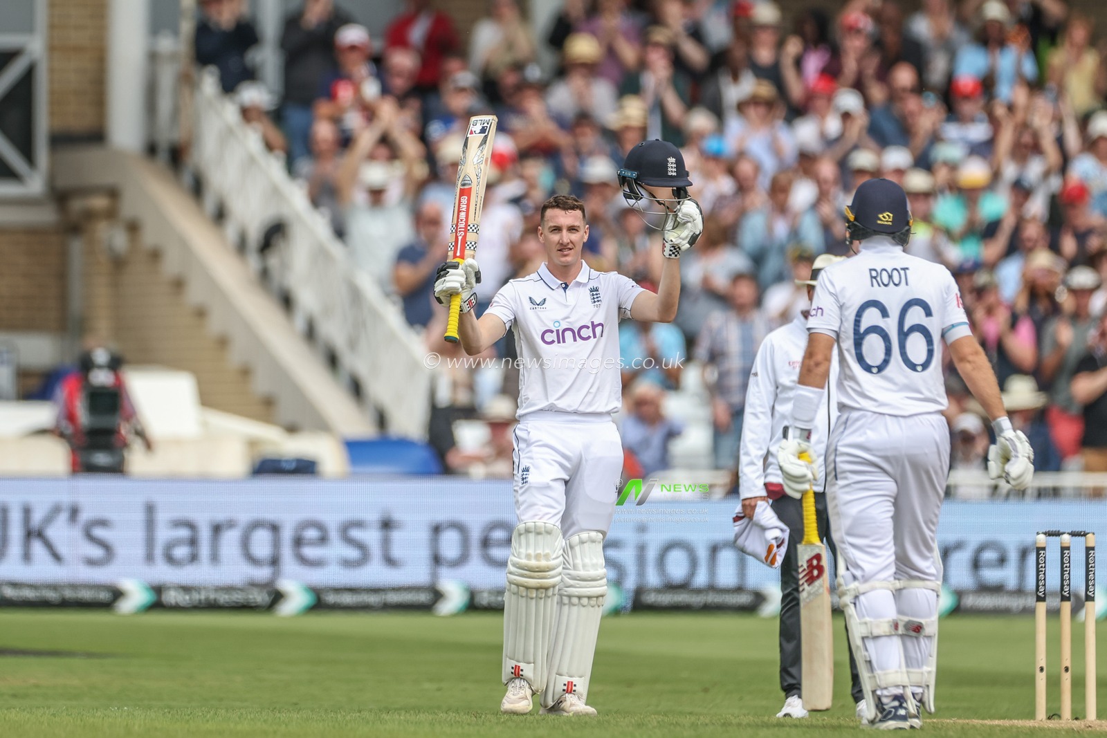 Harry Brook of England celebrates a century (100 runs) during the Rothesay Test Match day four match England vs West Indies at Trent Bridge, Nottingham, United Kingdom, 21st July 2024

(Photo by Mark Cosgrove/News Images)
