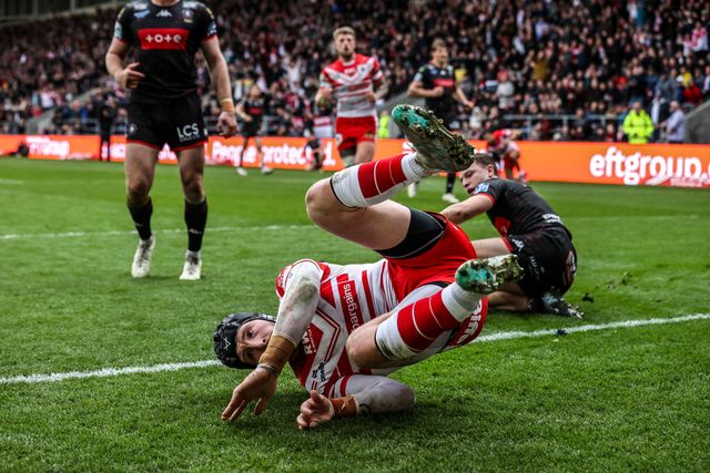 Jackson Hastings of St Helens goes over for a try during the Betfred Super League round 7 match St Helens vs Wigan Warriors at The BrewDog Stadium, St Helens, United Kingdom on 03 April 2026

(Photo by Alfie Cosgrove/News Images)