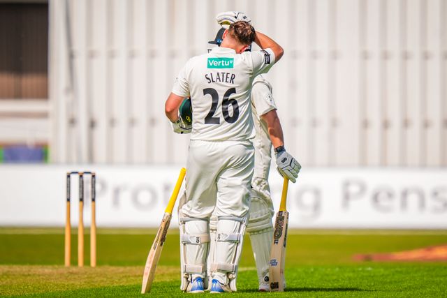 Ben Slater celebrates reaching 100 runs and scoring his century with Ben Duckett during Leicestershire County Cricket Club vs Nottinghamshire County Cricket Club in Country Cricket Division One Day 1 at Grace Road, Leicester, United Kingdom on 01 May 2026

(Photo by Maynard Manyowa/News Images)
