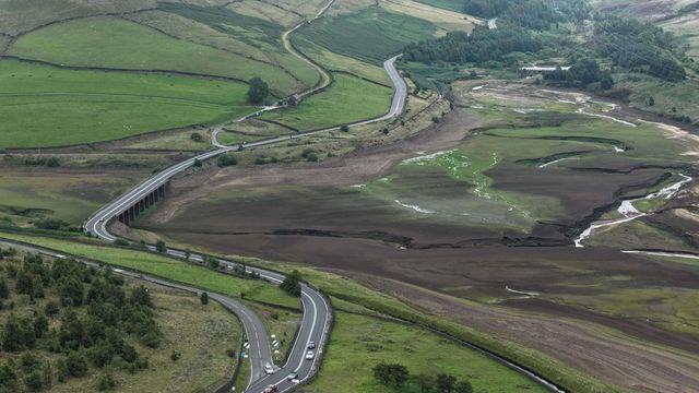 Woodhead Reservoir walter levels drop to one of the lowest points in recent times as grass and other plants start to grow on the Reservoir silt bed at Woodhead, Glossop, United Kingdom, 31st July 2025

(Photo by Mark Cosgrove/News Images)