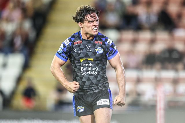 Brodie Croft of Leeds Rhinos celebrates as he goes over for a try in the final minutes of the game during the Betfred Super League round 21 match Leigh Leopards vs Leeds Rhinos at Leigh Sports Village, Leigh, United Kingdom, 7th August 2025

(Photo by Alfie Cosgrove/News Images)