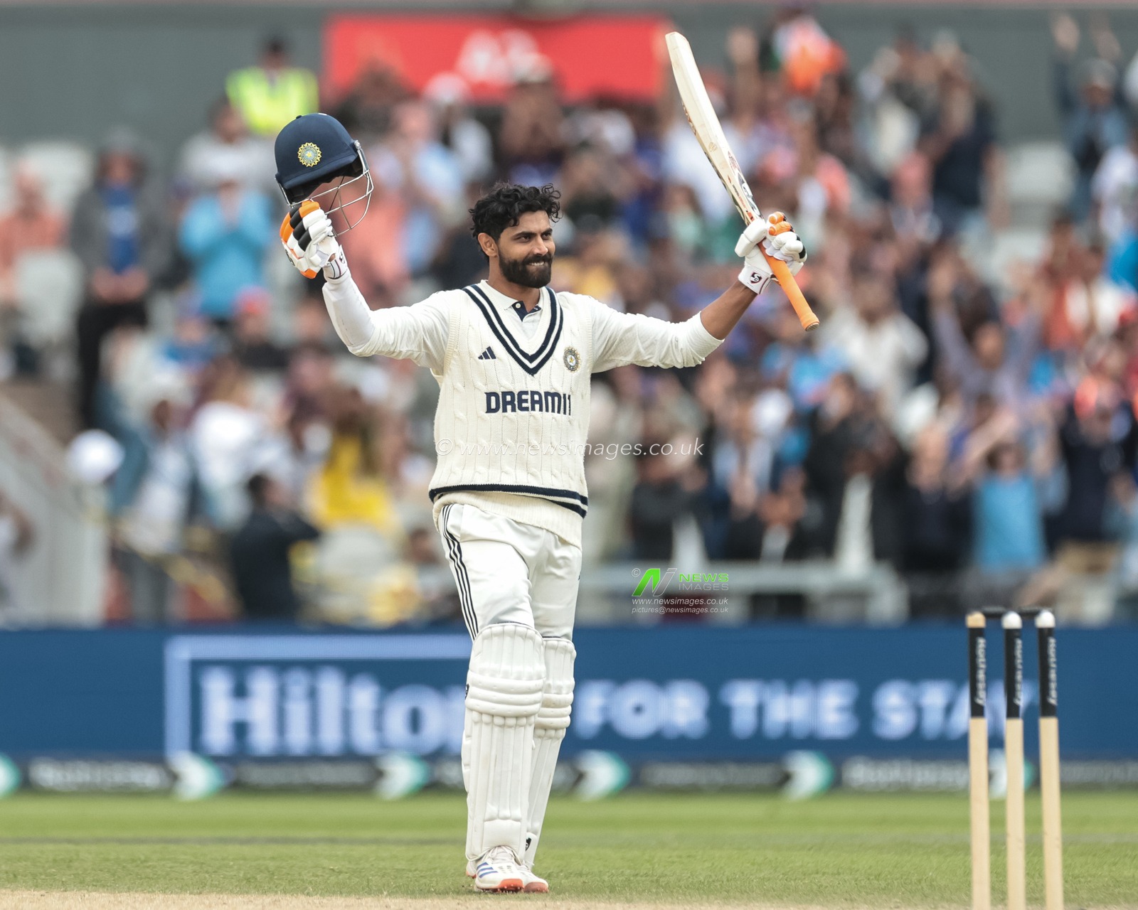 Ravindra Jadeja of India celebrates a century (100 runs) during the 4th Rothesay Test Match Day 5 England vs India at Old Trafford Cricket Ground, Manchester, United Kingdom, 27th July 2025

(Photo by Mark Cosgrove/News Images)