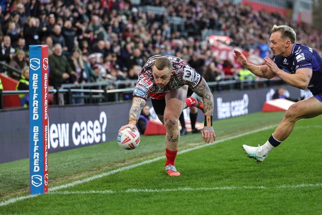 Josh Charnley of Leigh Leopards goes over for a try during the Betfred Super League round 6 match Leigh Leopards vs Toulouse at Leigh Sports Village, Leigh, United Kingdom on 28 March 2026

(Photo by Mark Cosgrove/News Images)