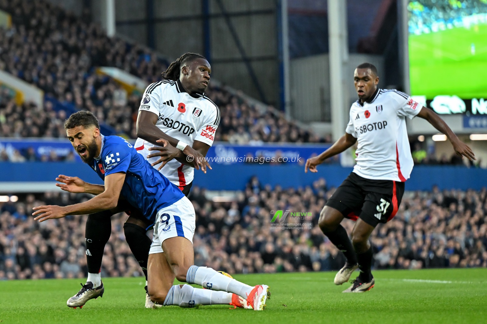 Dominic Calvert-Lewin of Everton goes down from a challenge from Calvin Bassey of Fulham during the Premier League match Everton vs Fulham at Goodison Park, Liverpool, United Kingdom, 26th October 2024

(Photo by Cody Froggatt/News Images)