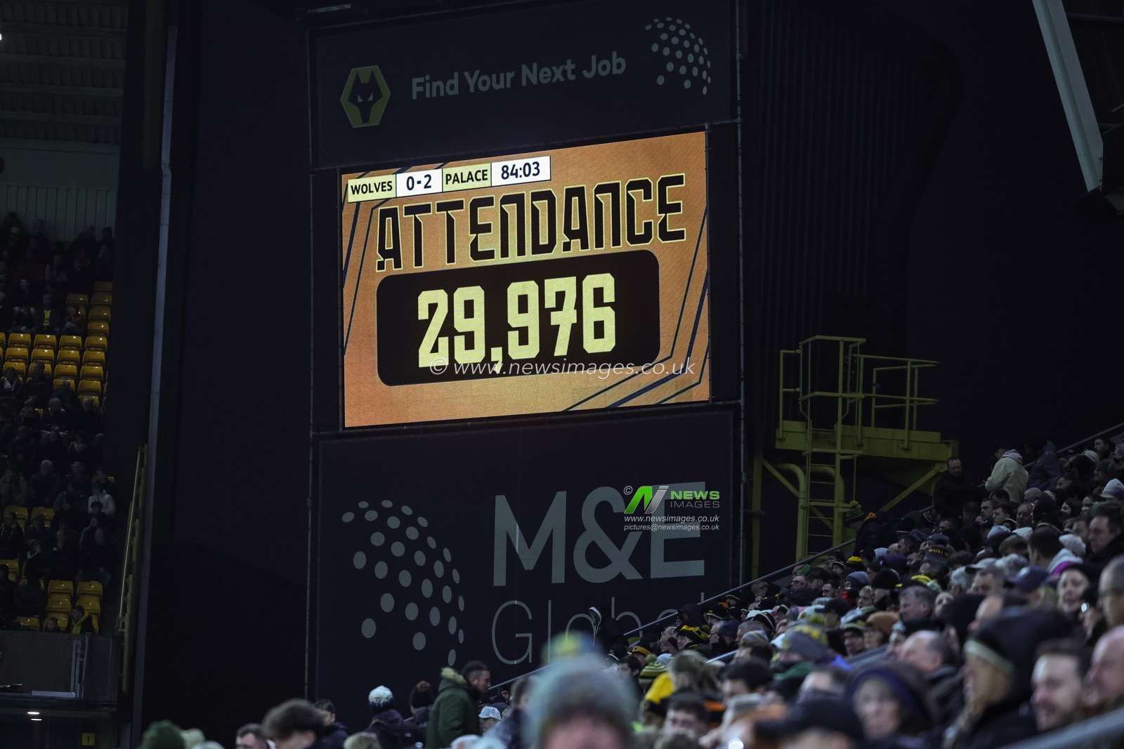 Today attendance 29,976 during the Premier League match Wolverhampton Wanderers vs Crystal Palace at Molineux, Wolverhampton, United Kingdom, 22nd November 2025

(Photo by Mark Cosgrove/News Images)

*** GER AUT SUI OUT ***
