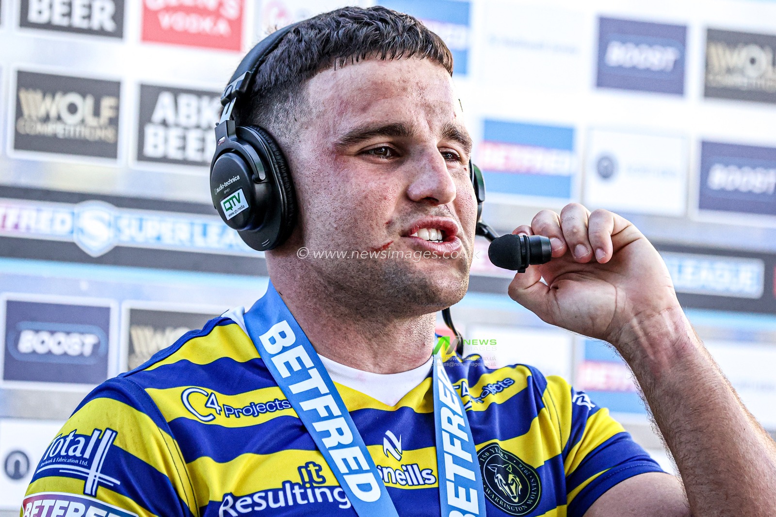 Player of the match, Josh Smith of Warrington Wolves speaks to Sky Sports after the game during the Betfred Super League round 12 match Warrington Wolves vs Bradford Bulls at The Halliwell Jones Stadium, Warrington, United Kingdom on 24 May 2026

(Photo by Alfie Cosgrove/News Images)