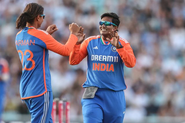 Deepti Sharma of India celebrates the wicket of Sophia Dunkley of England during the 3rd Vitality IT20 England Women vs India Women at The Kia Oval, London, United Kingdom, 4th July 2025

(Photo by Alfie Cosgrove/News Images)
