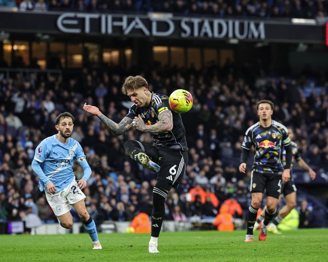 Joe Rodon of Leeds United clears the ball up field during the Premier League match Manchester City vs Leeds United at Etihad Stadium, Manchester, United Kingdom, 29th November 2025

(Photo by Mark Cosgrove/News Images)

*** GER AUT SUI OUT ***