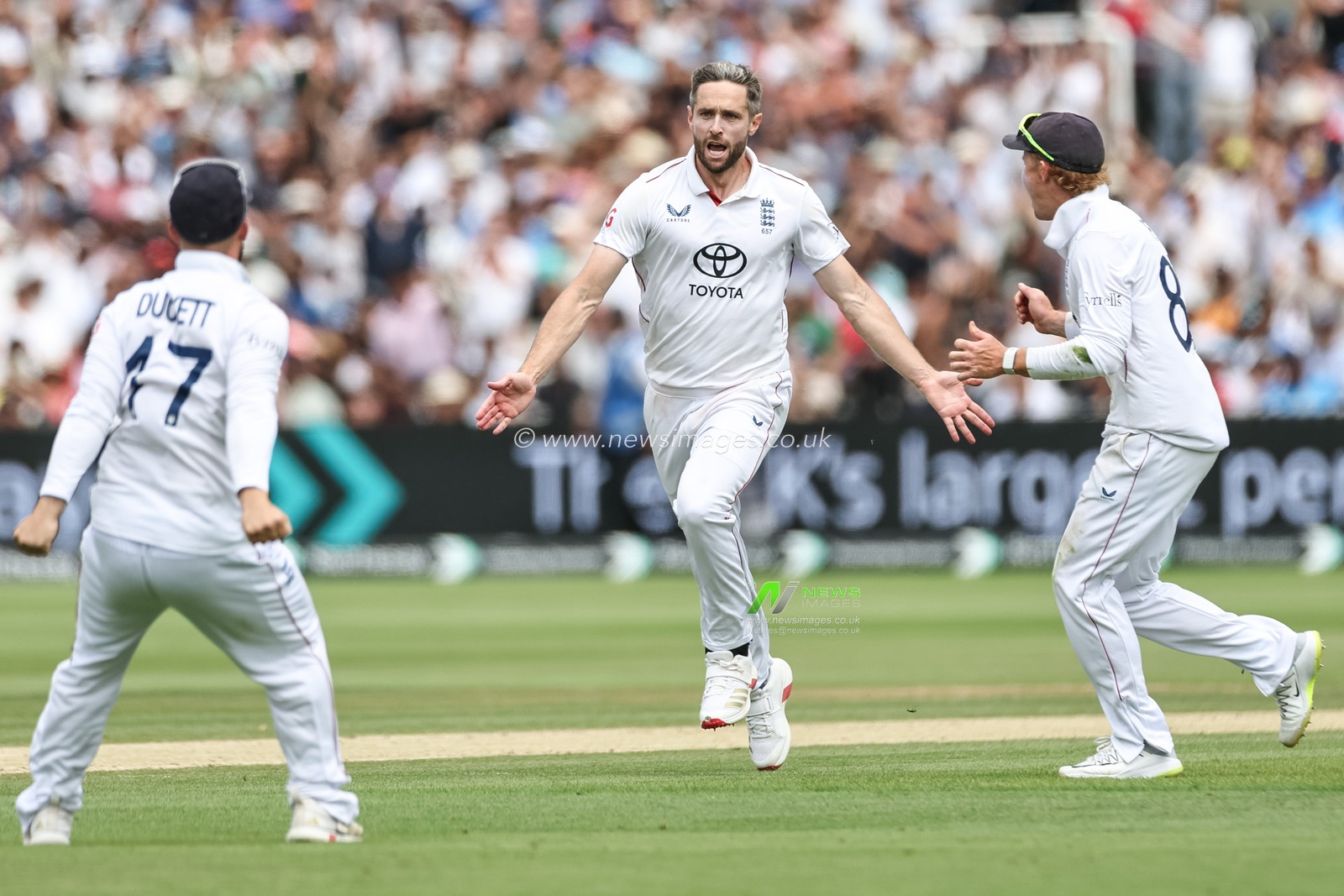 Chris Woakes of England celebrates the wicket of Nitish Kumar Reddy of India during the 3rd Rothesay Test Match Day 5 England v India at Lords, London, United Kingdom, 14th July 2025

(Photo by Mark Cosgrove/News Images)