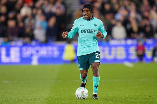 Jean-Ricner Bellegarde of Wolverhampton Wanderers with the ball during the Premier League match West Ham United vs Wolverhampton Wanderers at London Stadium, London, United Kingdom on 10 April 2026

(Photo by Harvey Murphy/News Images)