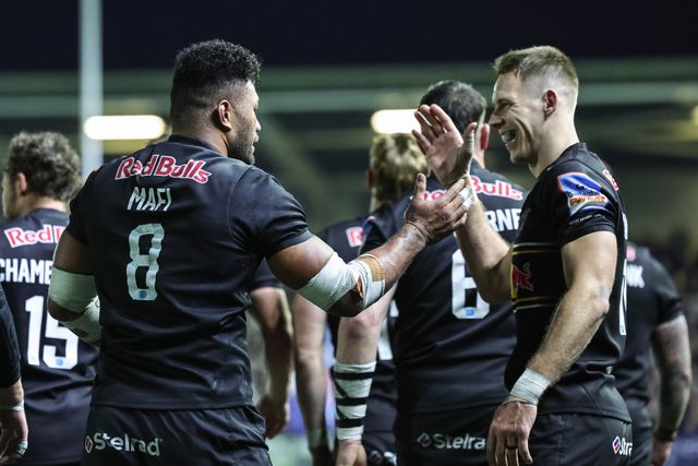 Amanaki Mafi of Newcastle Red Bulls celebrates his try during the Gallagher Premiership match Newcastle Red Bulls vs Northampton Saints at Kingston Park, Newcastle, United Kingdom, 17th October 2025

(Photo by Mark Cosgrove/News Images)