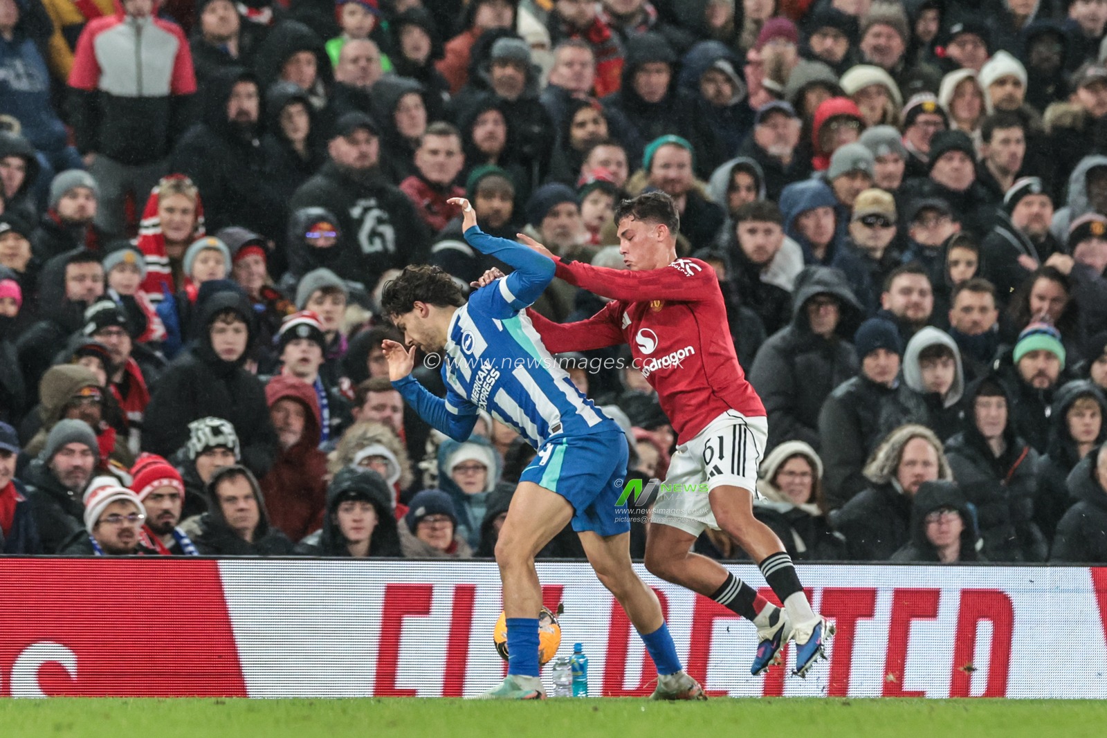 Shea Lacey of Manchester Untied receives a second yellow card for a foul on Ferdi Kadioglu of Brighton & Hove Albion during the Emirates FA Cup Third Round match Manchester United vs Brighton and Hove Albion at Old Trafford, Manchester, United Kingdom, 11th January 2026

(Photo by Mark Cosgrove/News Images)
