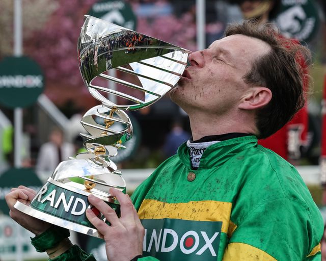 Paul Townend kisses the Grand National Trophy after winning for the second time on I Am Maximus in the 16:00 Randox Grand National Handicap Chase during the 2026 Randox Grand National Day at Aintree Racecourse, Aintree, United Kingdom on 11 April 2026

(Photo by Mark Cosgrove/News Images)