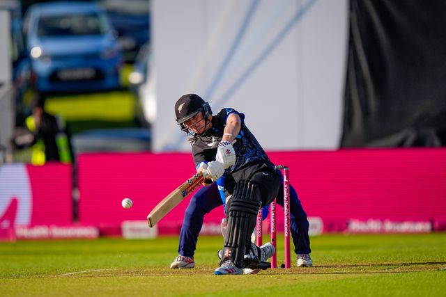 Amelia Kerr of New Zealand holes out and is caught at mid off off the bowling of Linsey Smith of England during the England Women v New Zealand 1st Vitality IT20 match at The Central Co-Op County Ground, Derby, United Kingdom on 20 May 2026

(Photo by Maynard Manyowa/News Images)