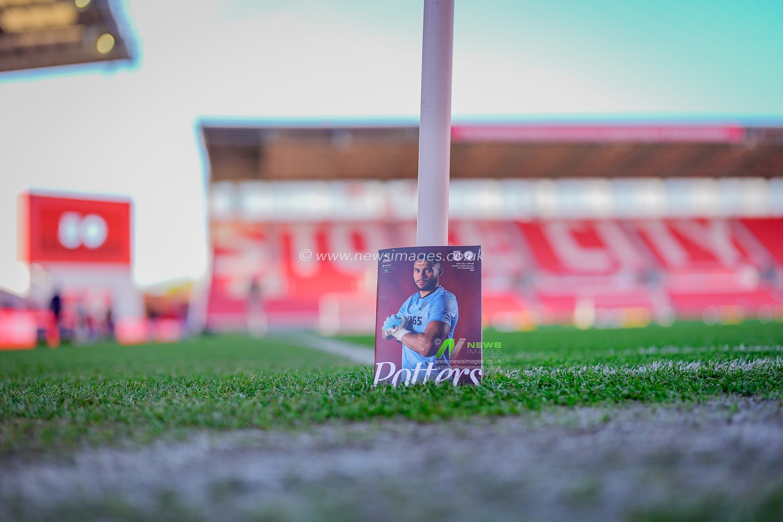 Stoke City goalkeeper Gavin Bazunu in the match day program at the corner flag prior to kick off during the Sky Bet Championship match Stoke City vs Millwall at Bet365 Stadium, Stoke On Trent, United Kingdom on 21 April 2026

(Photo by Maynard Manyowa/News Images)