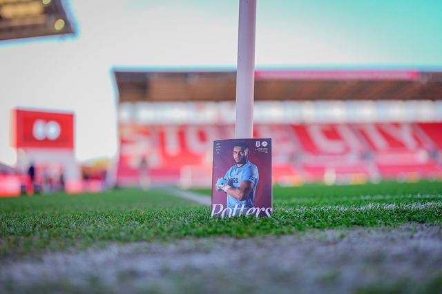 Stoke City goalkeeper Gavin Bazunu in the match day program at the corner flag prior to kick off during the Sky Bet Championship match Stoke City vs Millwall at Bet365 Stadium, Stoke On Trent, United Kingdom on 21 April 2026

(Photo by Maynard Manyowa/News Images)