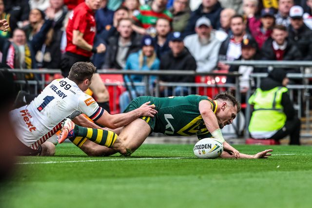 Angus Crichton of Australia goes over for a try during the The Ashes Series 2025 England vs Australia at Wembley Stadium, London, United Kingdom, 25th October 2025

(Photo by Alfie Cosgrove/News Images)