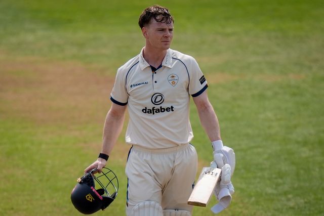 Brooke Guest of Derbyshire celebrates scoring his hundred during the County Championship Division Two Derbyshire vs Northamptonshire day two  match at The Central Co-Op County Ground, Derby, United Kingdom on 09 May 2026

(Photo by Maynard Manyowa/News Images)