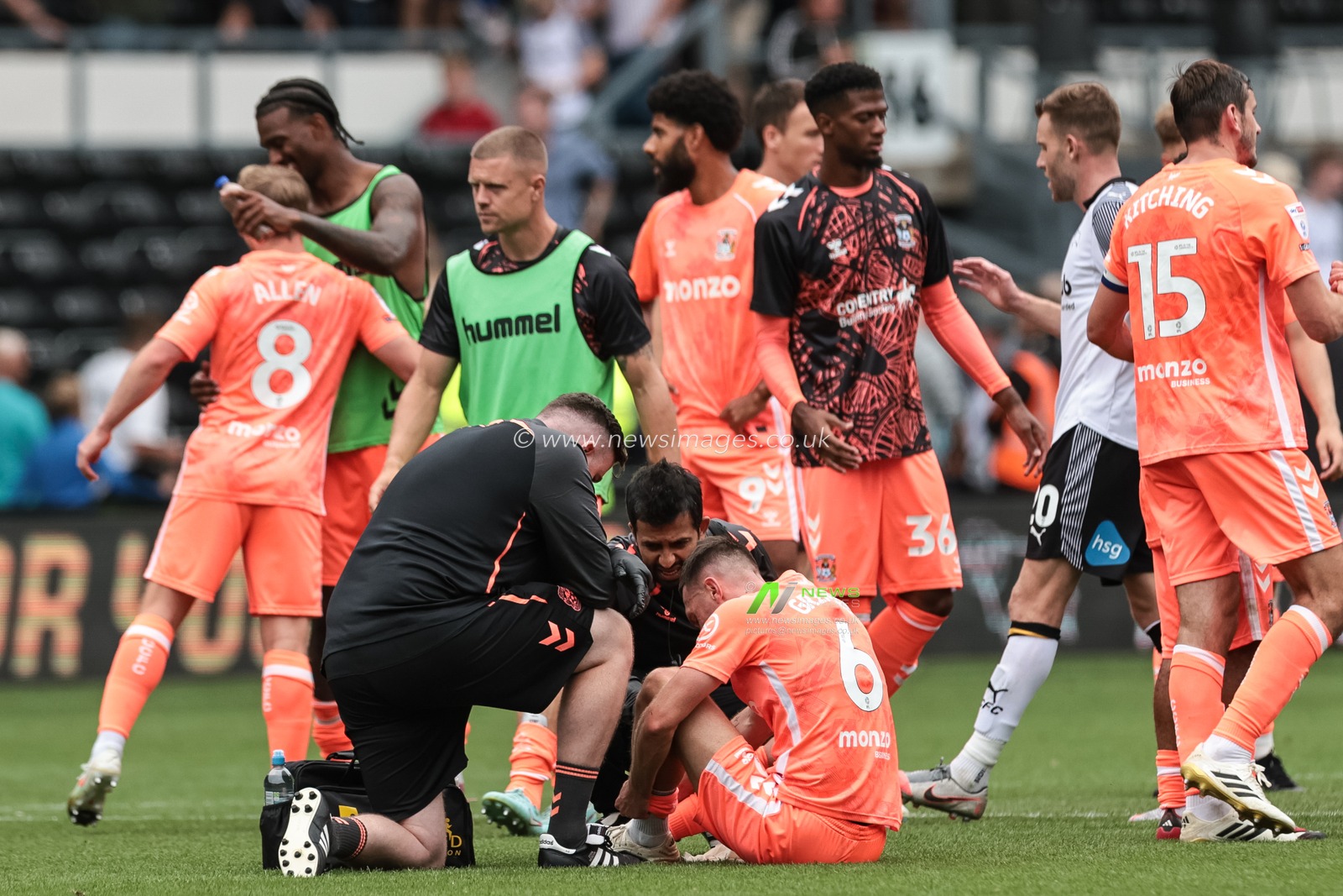 Matt Grimes of Coventry City receives treatment after the final whistle during the Sky Bet Championship match Derby County vs Coventry City at Pride Park Stadium, Derby, United Kingdom, 16th August 2025

(Photo by Mark Cosgrove/News Images)