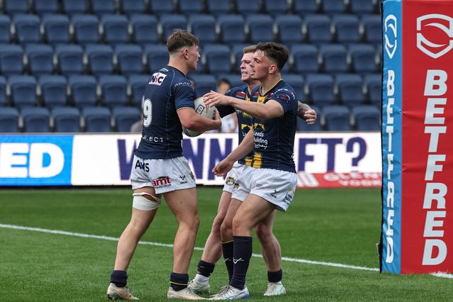Joe Diskin of Leeds Rhinos Reserves goes over for a try during the Rugby League Reserves match Leeds Rhinos Reserves vs Castleford Tigers Reserves at AMT Headingley Stadium, Leeds, United Kingdom on 22 May 2026

(Photo by Mark Cosgrove/News Images)