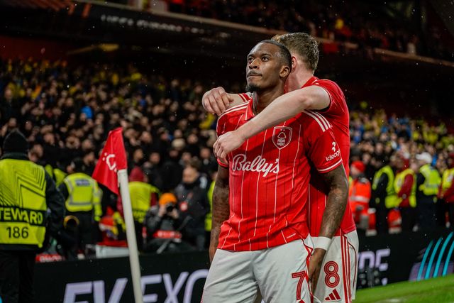 Callum Hudson-Odoi of Nottingham Forest celebrates his goal to make it  1-2 during the UEFA Europa League 
Knockout Round Play-offs match Nottingham Forest vs Fenerbahce at City Ground, Nottingham, United Kingdom on 26 February 2026

(Photo by Maynard Manyowa/News Images)