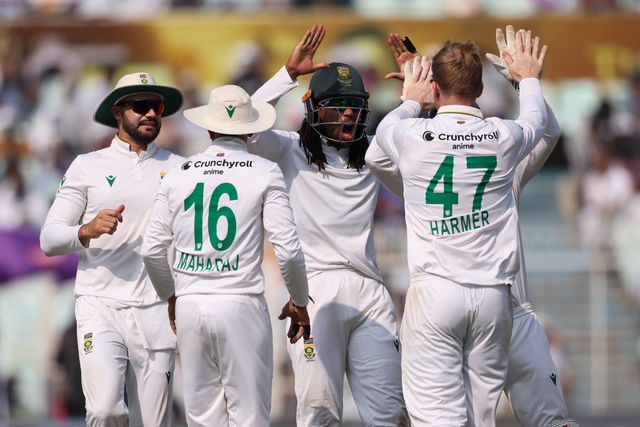 Simon Harmer of South Africa and Tony de Zorzi of South Africa  during the IDFC First Bank Test Day 3 match India vs South Africa at Eden Gardens, Kolkata, India, 16th November 2025

(Photo by Shubhajit Roy Karmakar/News Images)