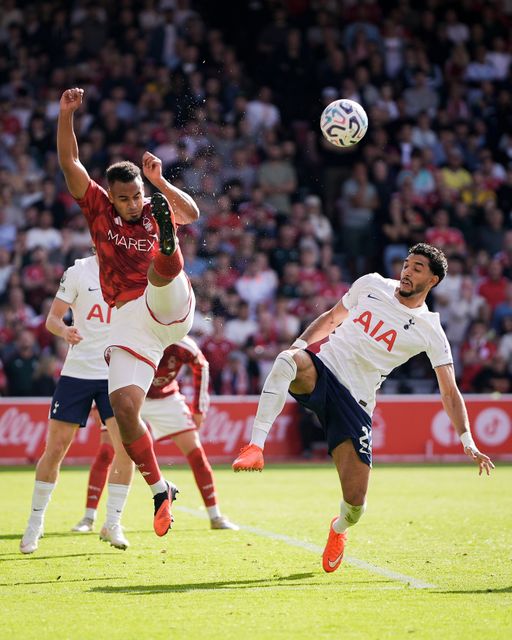 Murillo of Nottingham Forest clears the ball under pressure from Omar Marmoush of Tottenham Hotspur during the Premier League match Nottingham Forest vs Tottenham Hotspur at City Ground, Nottingham, United Kingdom on 05 September 2026

(Photo by Maynard Manyowa/News Images)