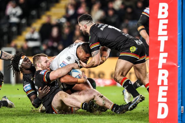 Herman Ese'ese of Hull FC is tackled during the Betfred Super League round 1 match Hull FC vs Bradford Bulls at MKM Stadium, Hull, United Kingdom on 14 February 2026

(Photo by Alfie Cosgrove/News Images)