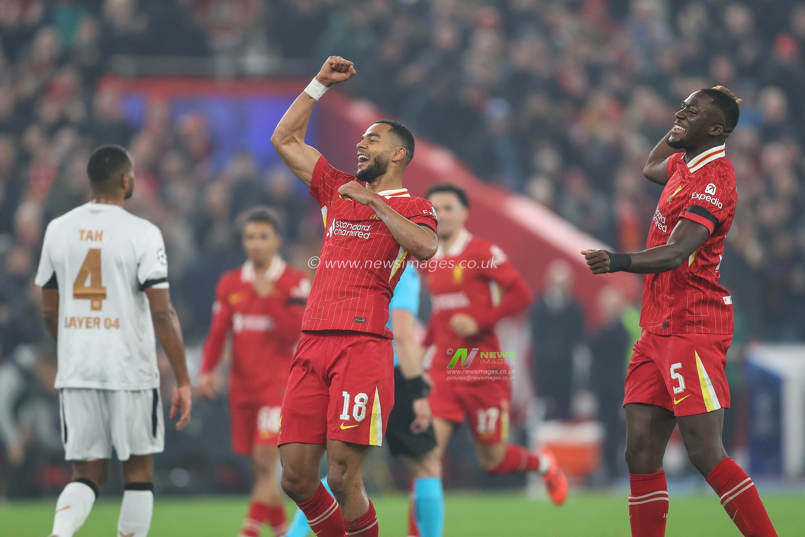 Cody Gakpo of Liverpool celebrates his goal to make it 2-0 during the UEFA Champions League, League Stage match Liverpool vs Bayer 04 Leverkusen at Anfield, Liverpool, United Kingdom, 5th November 2024

(Photo by Gareth Evans/News Images)