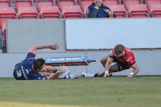 Tom Davies of Hull KR goes over for a try during the Betfred Super League Round 20 Salford Red Devils vs Hull KR at Salford Community Stadium, Eccles, United Kingdom, 31st July 2025

(Photo by Mark Cosgrove/News Images)