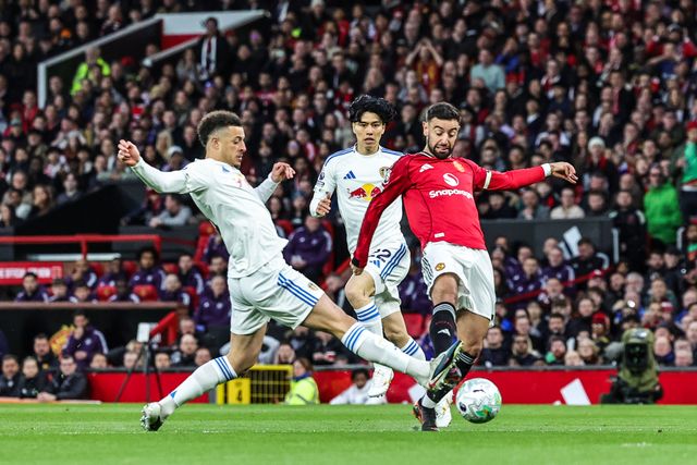 Ethan Ampadu of Leeds United shoots on goal during the Premier League match Manchester United vs Leeds United at Old Trafford, Manchester, United Kingdom on 13 April 2026

(Photo by Mark Cosgrove/News Images)