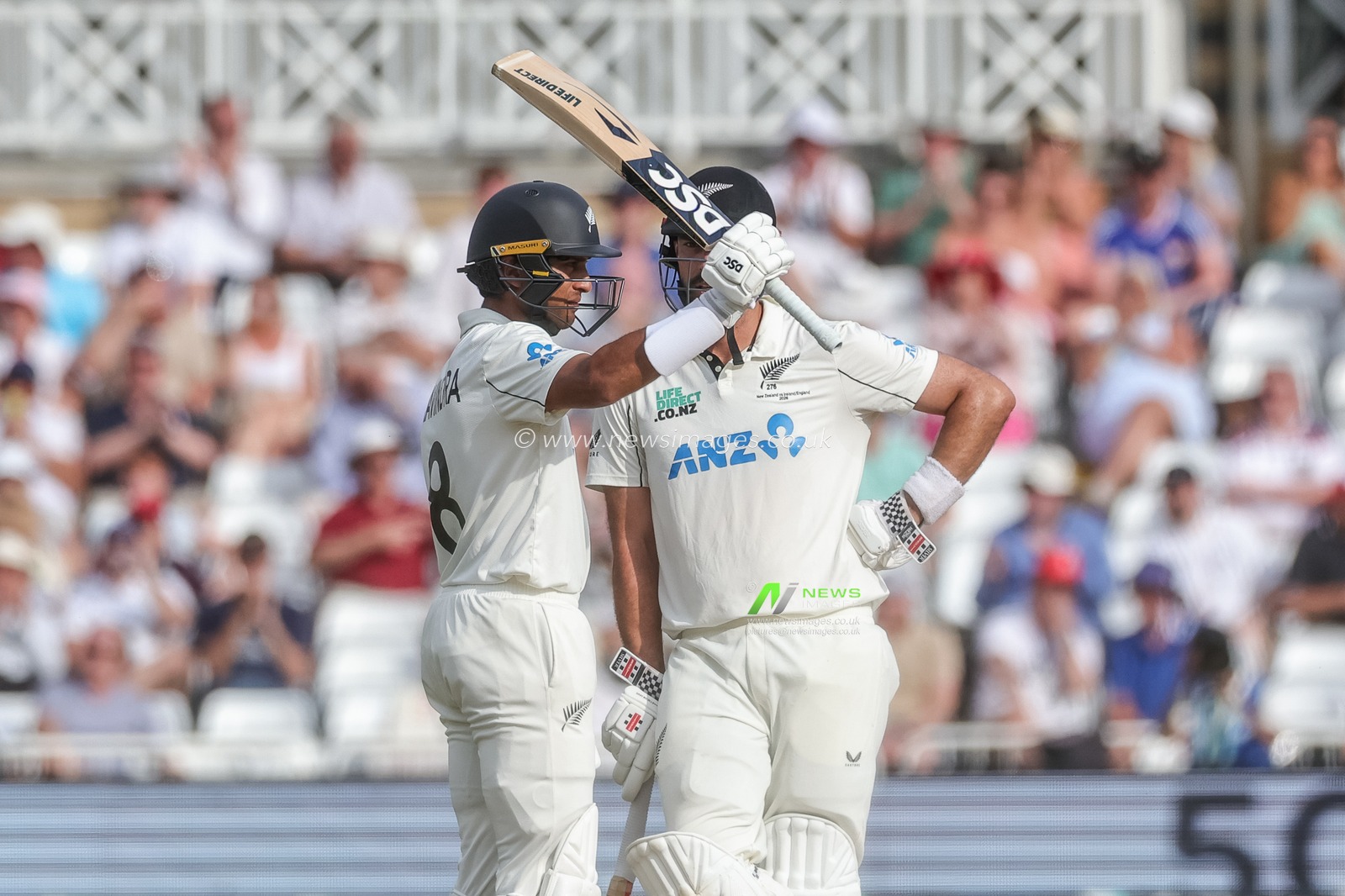 Rachin Ravindra of New Zealand celebrates a half century during the 3rd Rothesay Test Match Day 3 match England vs New Zealand at Trent Bridge, Nottingham, United Kingdom on 27 June 2026

(Photo by Mark Cosgrove/News Images)