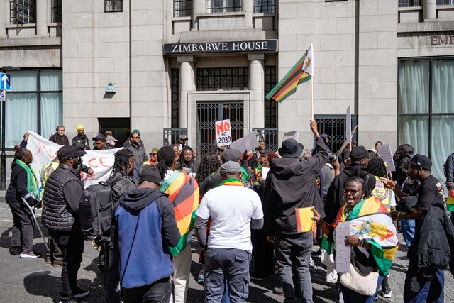 UK-based Zimbabweans gather outside the Zimbabwe Embassy in London on 18 April 2026 to protest the Constitution of Zimbabwe Amendment (No. 3) Bill, which critics say would extend President Mnangagwa’s rule until 2030 and strip citizens of the direct vote for president.

(Photo by Maynard Manyowa/News Images)
