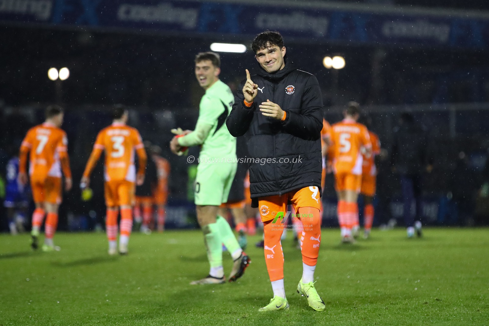 Kyle Joseph of Blackpool gestures to the travelling fans as they ask him to celebrate with them after the Sky Bet League 1 match Bristol Rovers vs Blackpool at Memorial Stadium, Bristol, United Kingdom, 26th November 2024

(Photo by Gareth Evans/News Images)