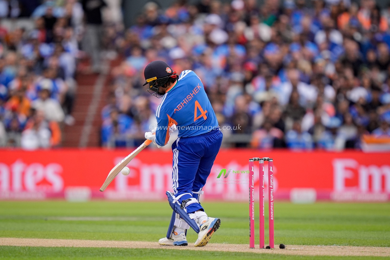 Abhishek Sharma of India is caught in the deep by Tom Banton of England off the bowling of Sam Curran of England during the Second Vitality T20 International match England vs India at Old Trafford, Manchester, United Kingdom on 04 July 2026

(Photo by Maynard Manyowa/News Images)