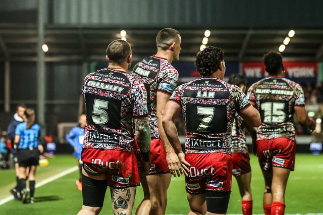 Josh Charnley of Leigh Leopards celebrates his try during the Betfred Super League round 8 match York Knights vs Leigh Leopards at LNER Community Stadium, York, United Kingdom on 17 April 2026

(Photo by Alfie Cosgrove/News Images)
