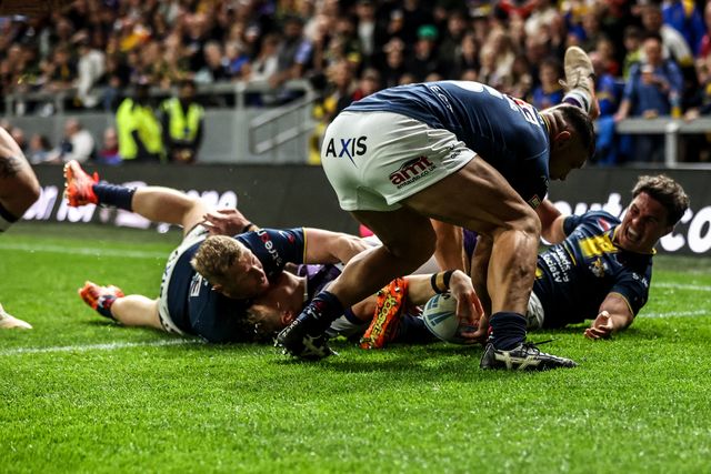 Jayden Myers of Wakefield Trinity goes over for a try during the Betfred Super League round 10 match Leeds Rhinos vs Wakefield Trinity at AMT Headingley Stadium, Leeds, United Kingdom on 01 May 2026

(Photo by Alfie Cosgrove/News Images)