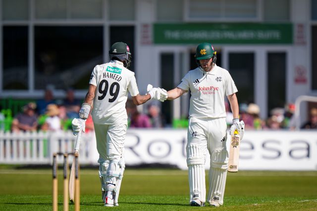 Haseeb Hameed of of Nottinghamshire congratulates Ben Slater of Nottinghamshire who has hit the ball for four during Leicestershire County Cricket Club vs Nottinghamshire County Cricket Club in Country Cricket Division One Day 1 at Grace Road, Leicester, United Kingdom on 01 May 2026

(Photo by Maynard Manyowa/News Images)