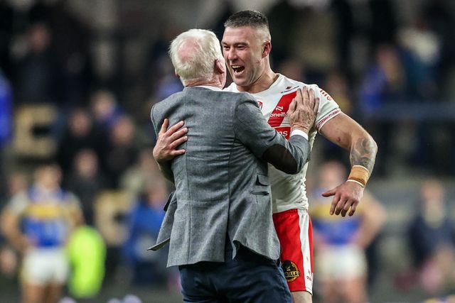 Eamonn McManus, chairman and owner of St Helens Rugby Club celebrates the win with Curtis Sironen of St. Helens during the Betfred Super League play-off Eliminator 1 match Leeds Rhinos vs St Helens at Headingley Stadium, Leeds, United Kingdom, 27th September 2025

(Photo by Alfie Cosgrove/News Images)